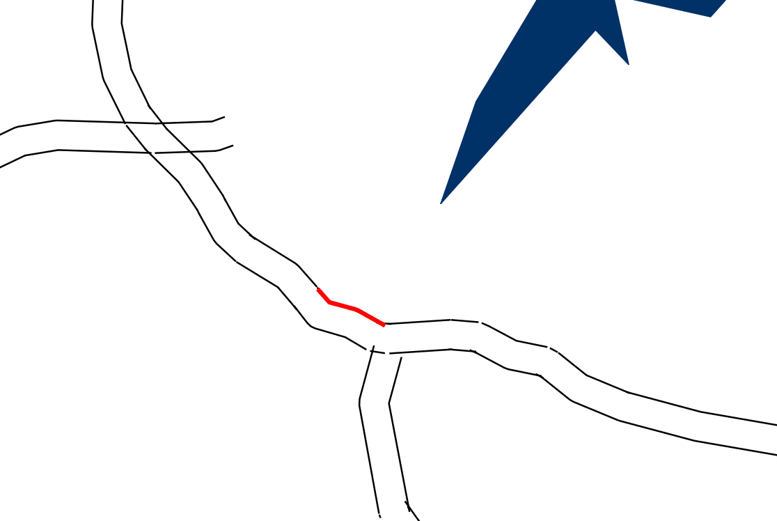 Ausschnitt der Straßen um Kiel. Man erkennt drei Straßen, die jeweils aus einer Vielzahl von einzelnen paralleen Liniensegmenten bestehen.