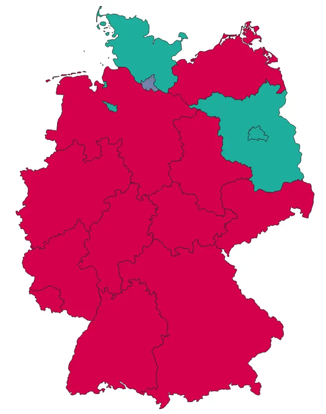 Map of Germany with the borders of the federal states. Almost all states are marked in red. Only Berlin, Brandenburg, Bremen and Schleswig-Holstein are green. Hamburg is grey.
