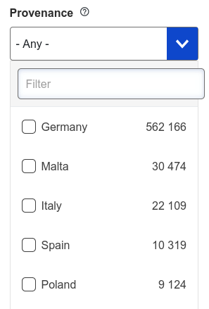 englischsprachige Liste der Länder: Germany 562166, Malta 30474, Italy 22109, Spain 10319, Poland 9124